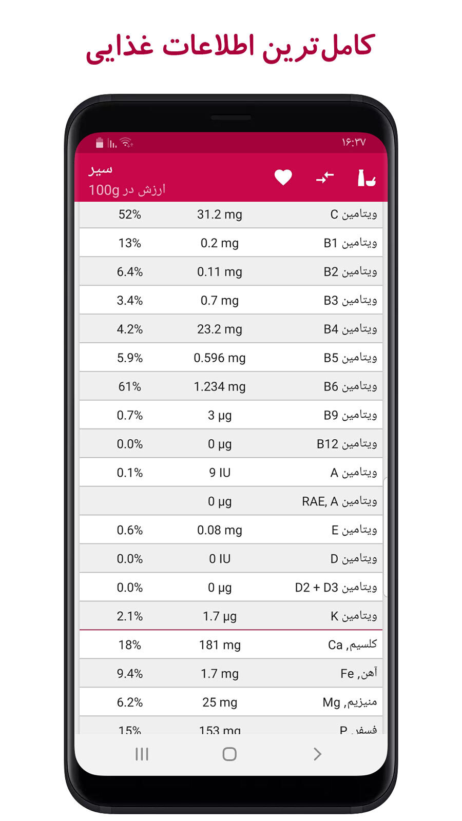 اسکرین شات 3 برنامه جدول ارزشغذایی (کالری، ویتامین...)