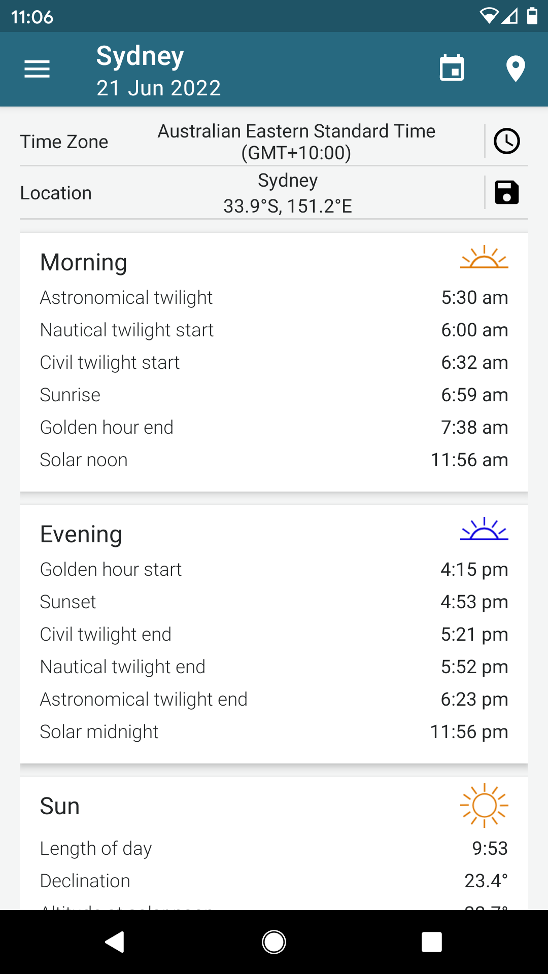 اسکرین شات 3 برنامه Sun Position, Sunrise & Sunset