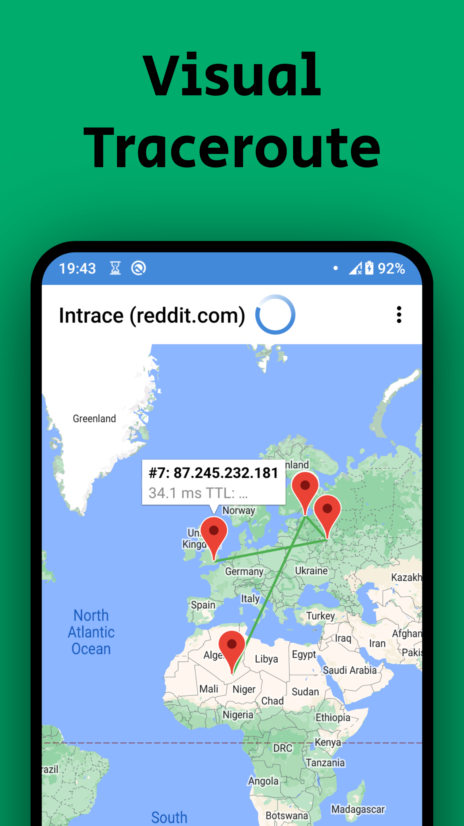 اسکرین شات 1 برنامه Intrace: Visual traceroute