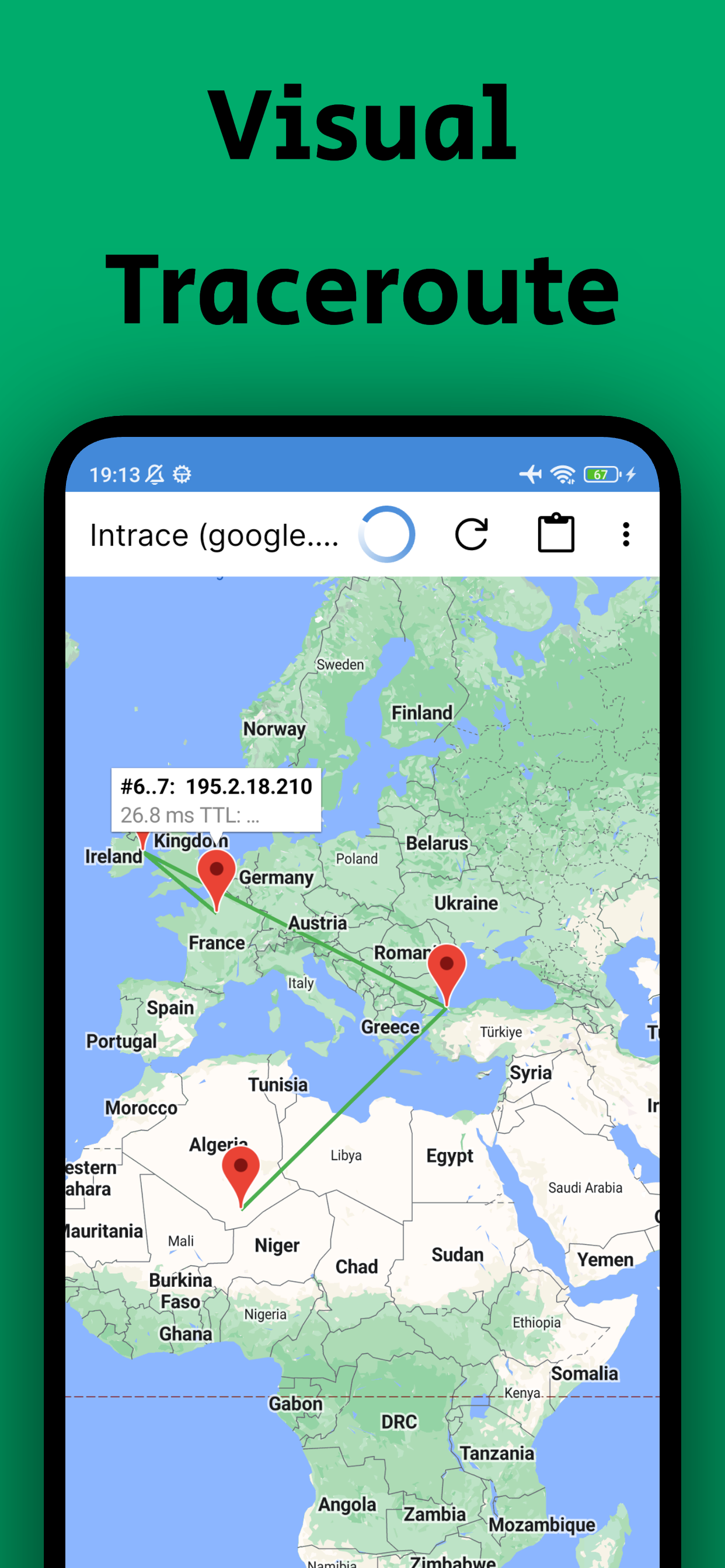 اسکرین شات 1 برنامه Intrace: Visual traceroute