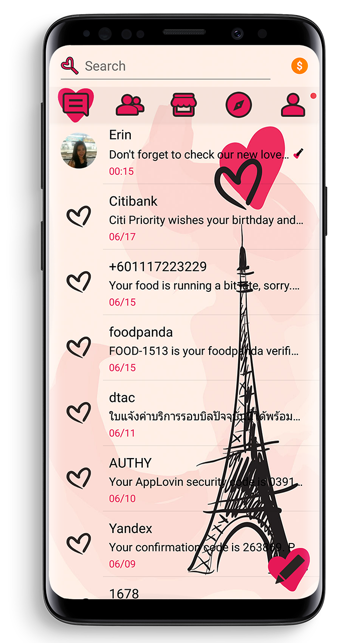اسکرین شات 2 برنامه SMS Theme Love Paris - pink