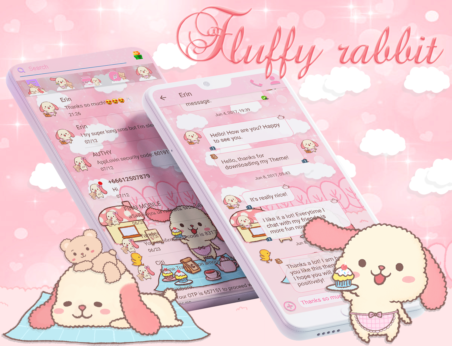 اسکرین شات 1 برنامه SMS Theme Rabbit Fluffy Pink