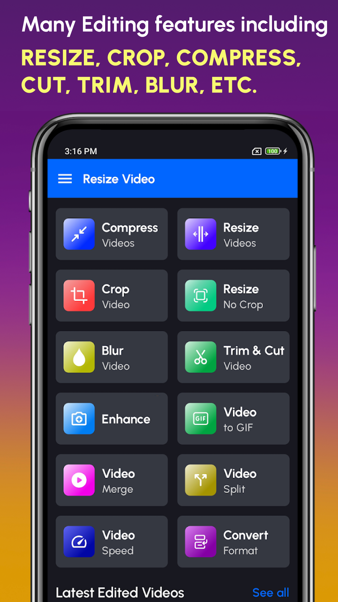 اسکرین شات 1 برنامه Resize Video, Compress & Crop