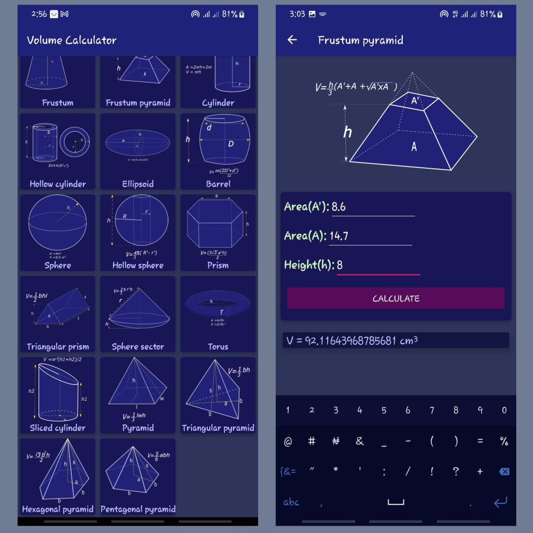اسکرین شات 1 برنامه Volume calculator - 3D shapes
