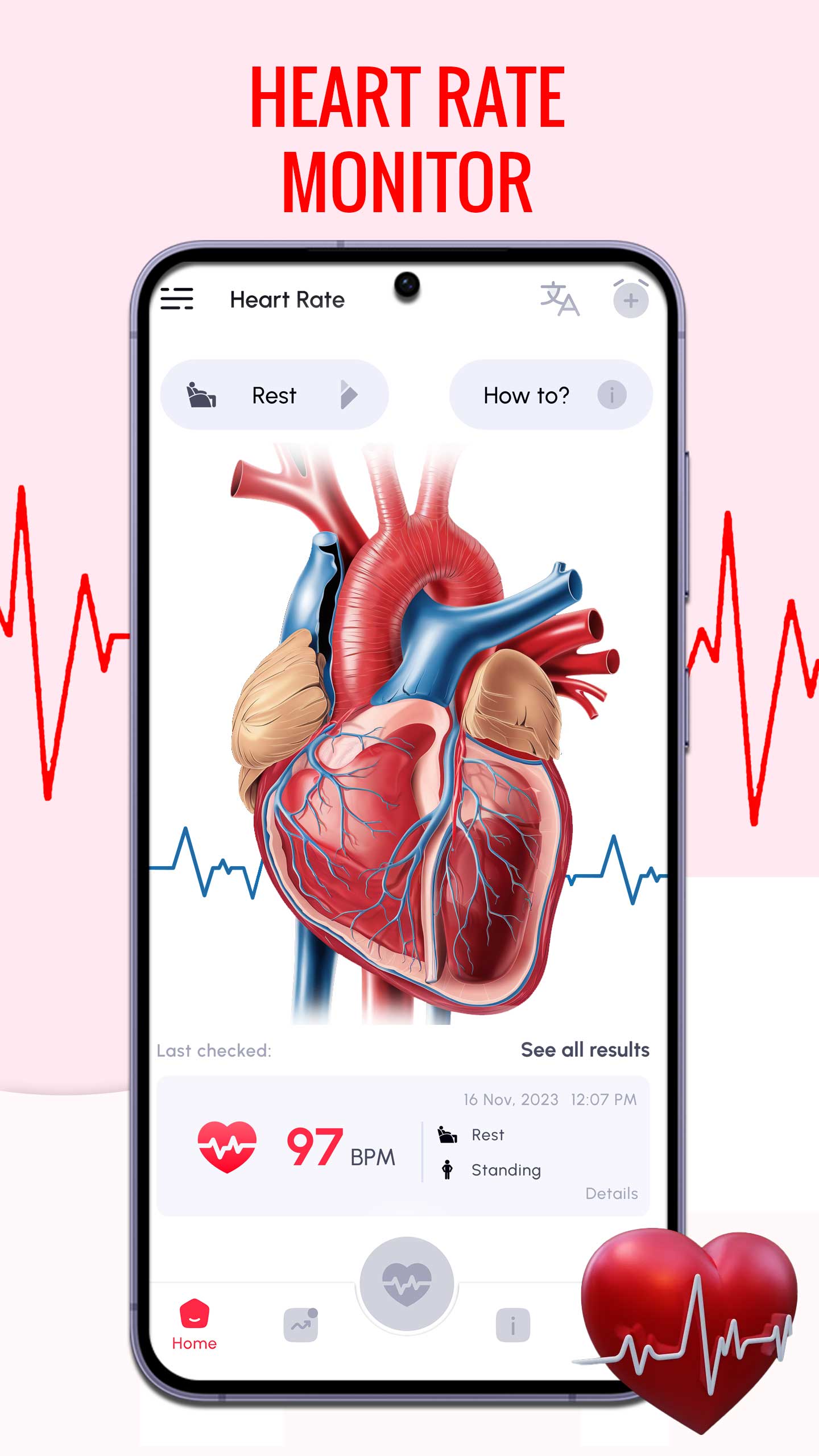 اسکرین شات 1 برنامه Heart Rate Monitor BPM Tracker