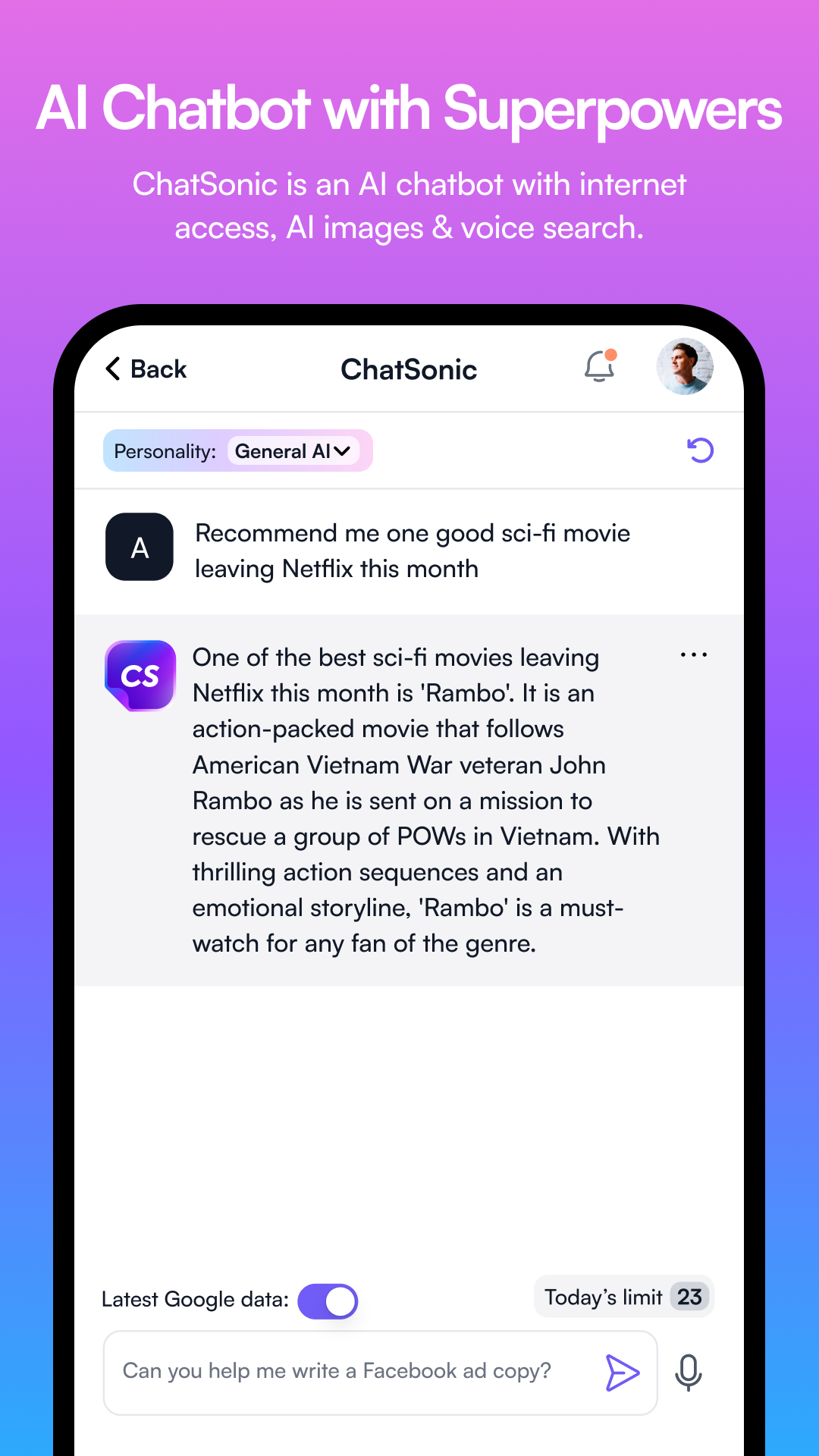 اسکرین شات 1 برنامه Chatsonic - AI Chatbot