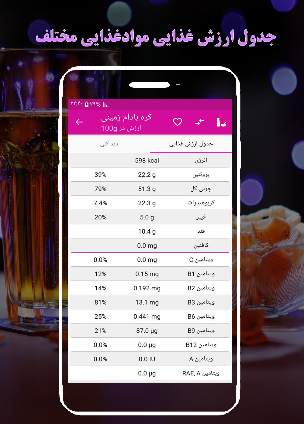 اسکرین شات 1 برنامه خواص و جدول ارزش‌غذایی مواد + کالری