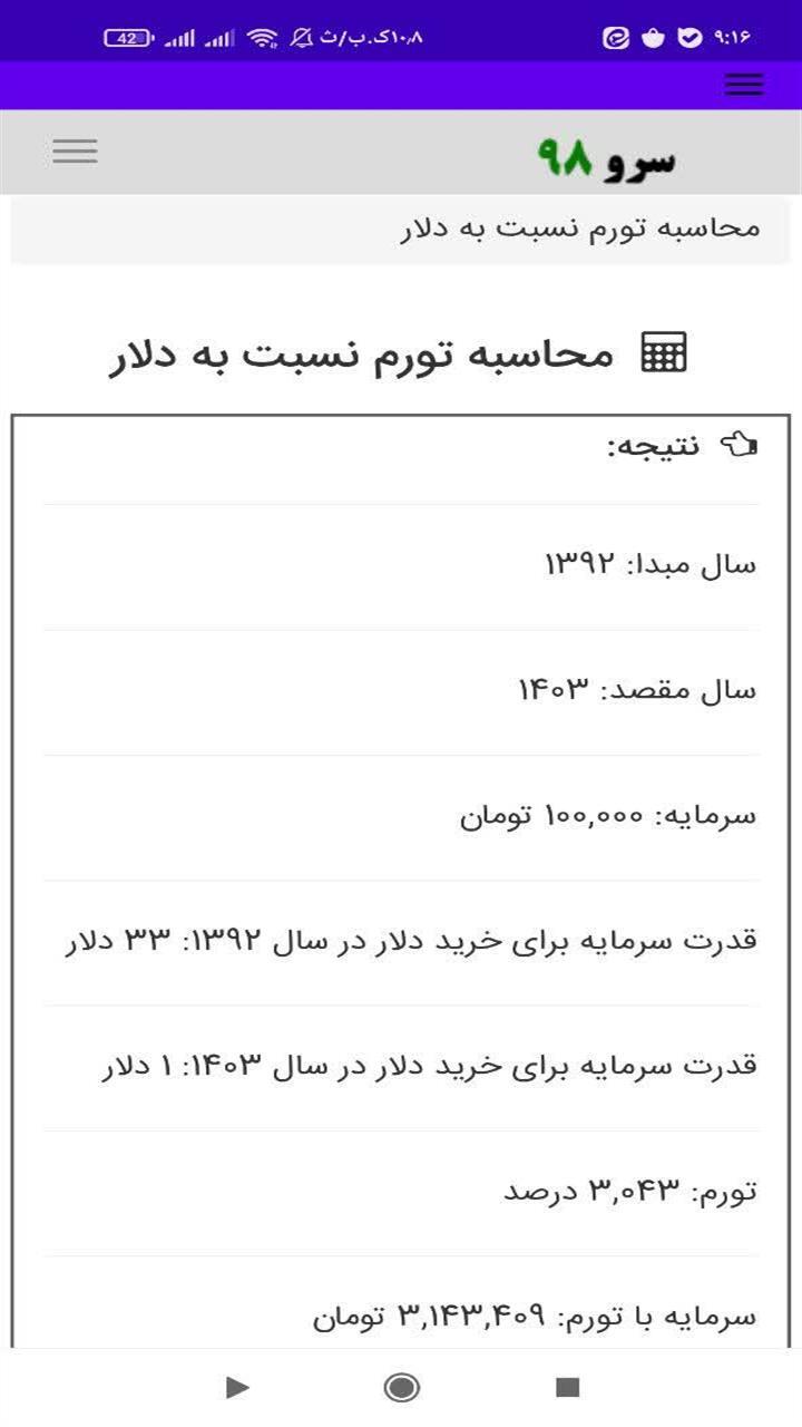 اسکرین شات 1 برنامه ‏محاسبه تورم نسبت به دلار