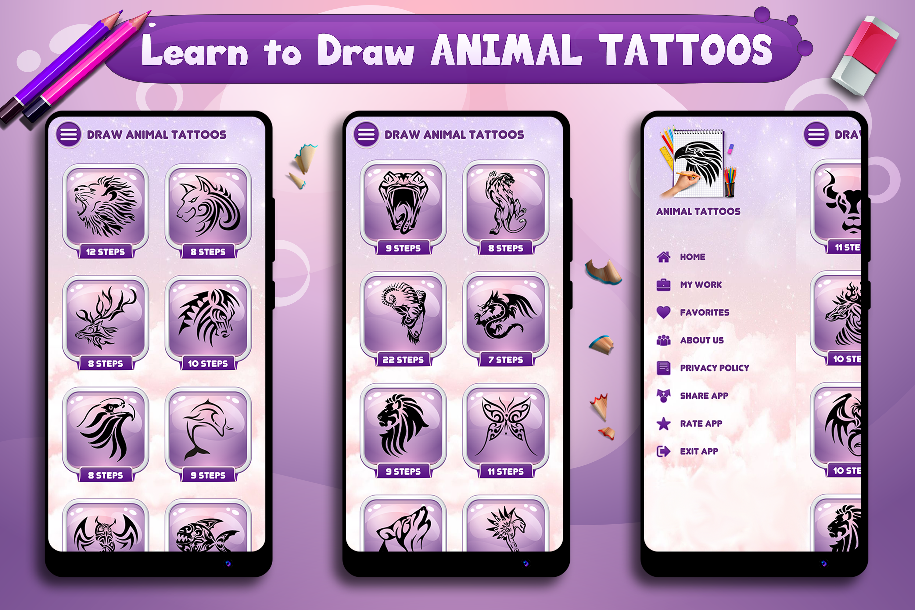 اسکرین شات 4 برنامه Learn to Draw Animal Tattoos