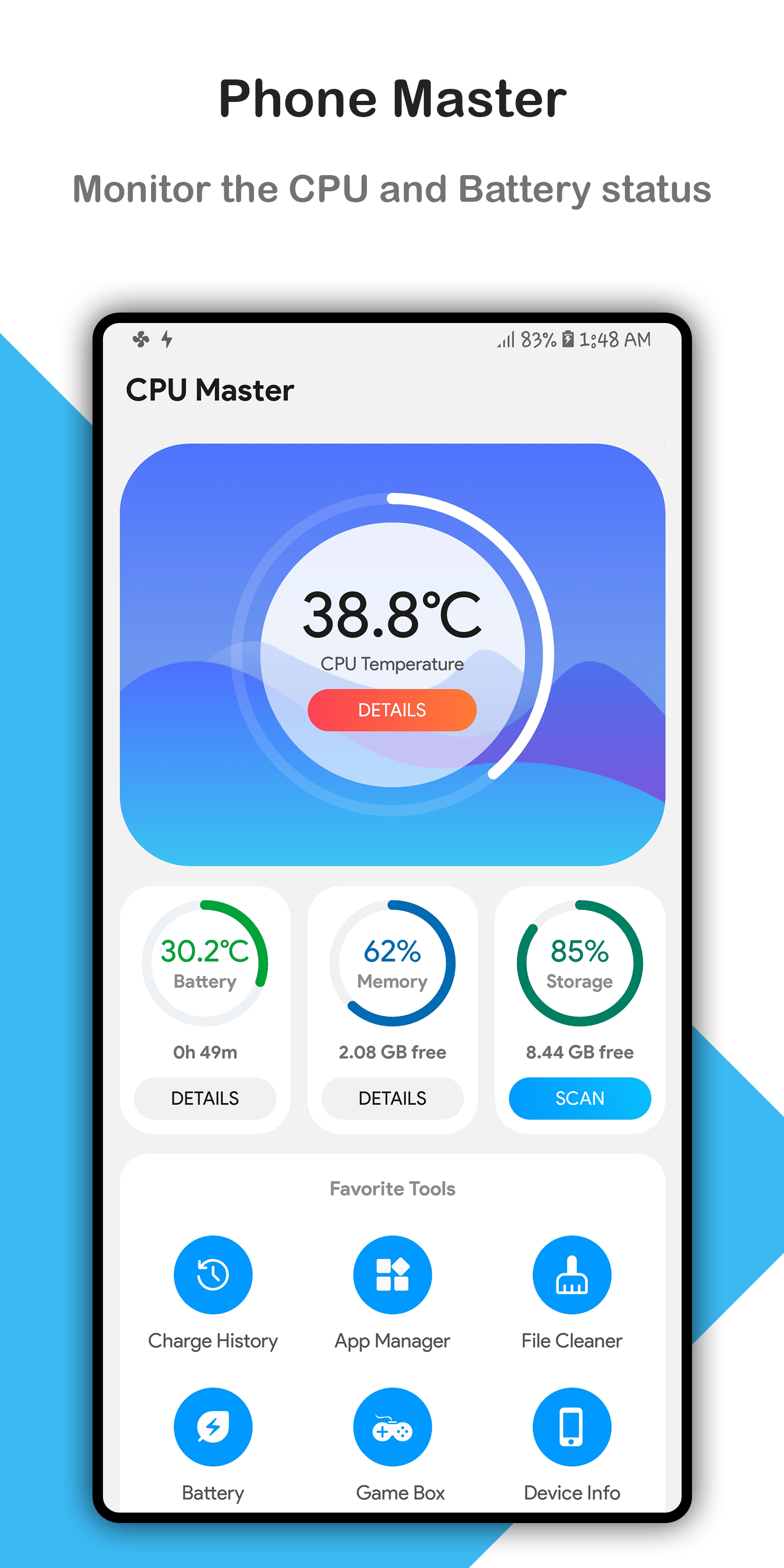 اسکرین شات 1 برنامه CPU Master - Battery, Cleaner