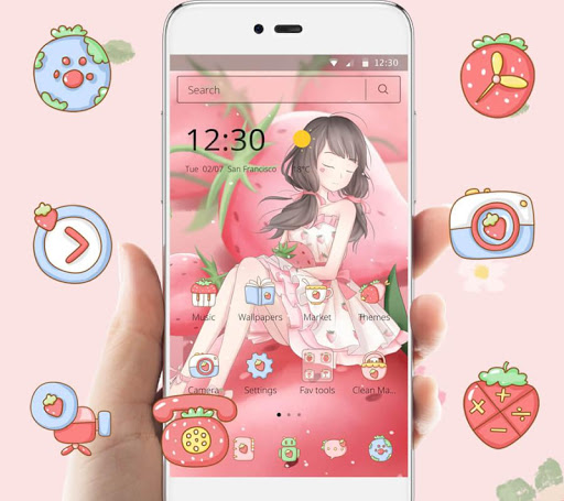 اسکرین شات 2 برنامه Pink Strawberry Girl Theme & Lock Screen